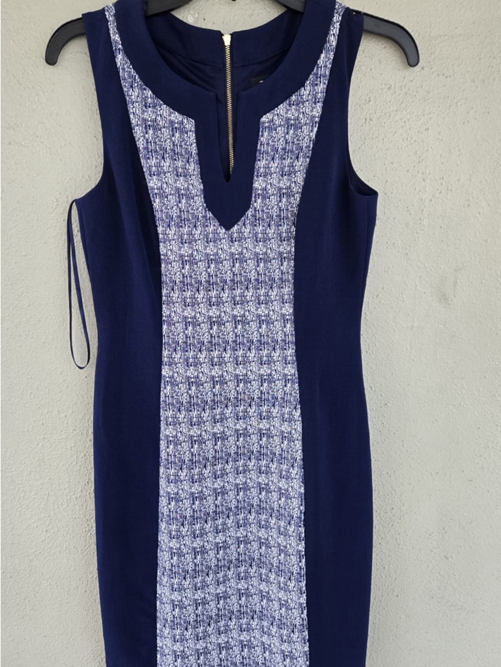 Tahari Navy Sleeveless Midi Dress with White Tweed Panel